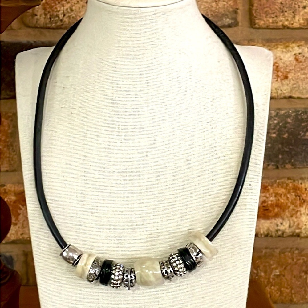 Vintage stone, metal and rhinestone beaded charms on black leather necklace